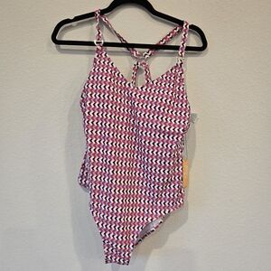 Red and Purple One Piece Swimsuit with High-Cut Leg